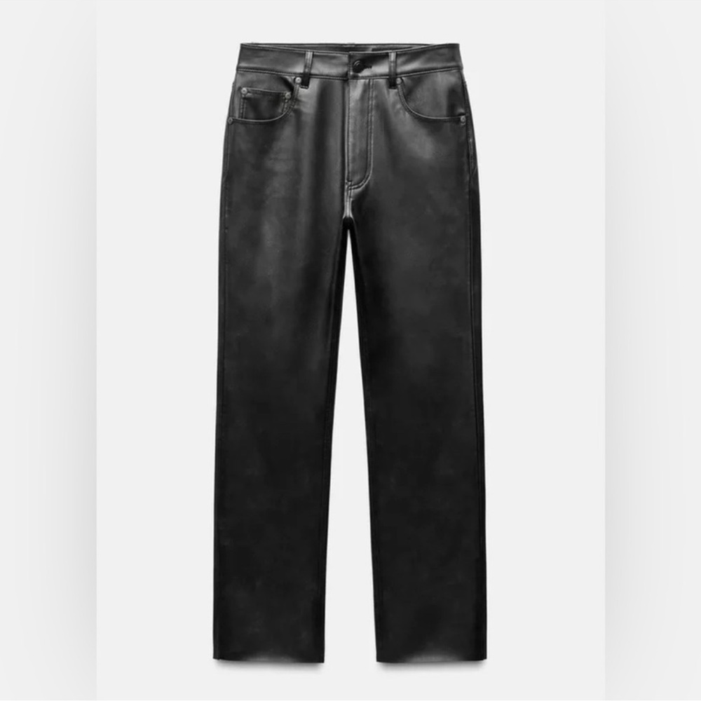Zara High-Waist Black Faux Leather Washed Effect Bootcut Cropped Pants SZ 10 NWT